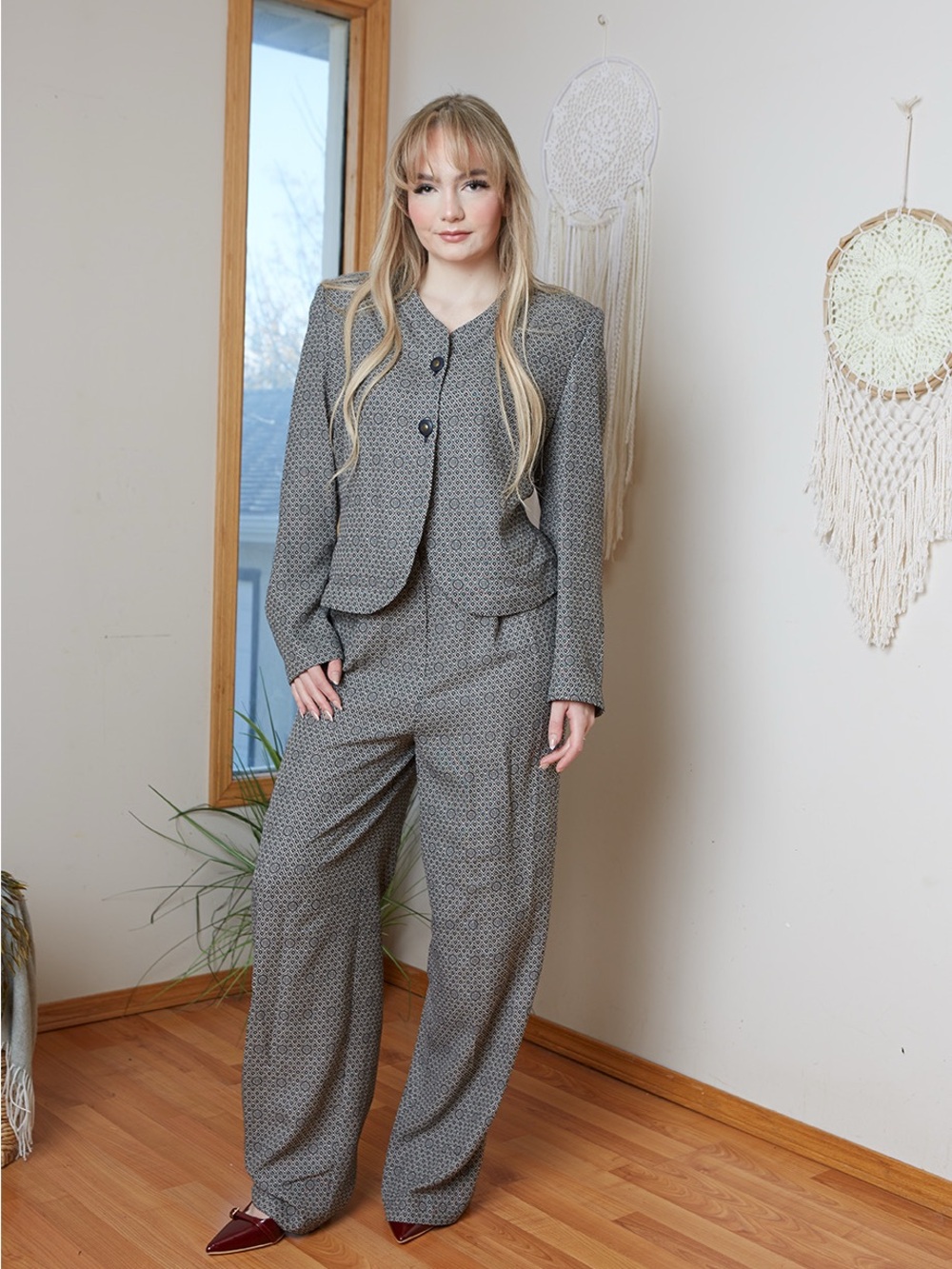 Vintage 90s  Womens Gray Patterned Wide-Leg Pantsuit - Classic Tailored Set 10